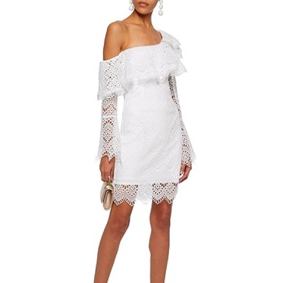 NICHOLAS Dresses & Skirts - NICHOLAS Guipure One Shoulder White Fluted Sleeve Mini Size 4